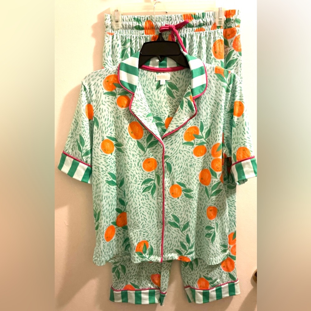 Orange Print Pajama Top with Matching Pants & Green Stripes